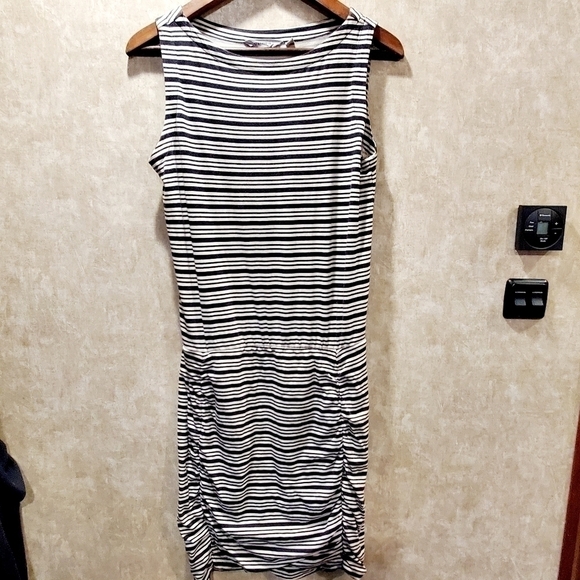 Athleta Striped Ruched Boatneck Midi Dress - Picture 2 of 8